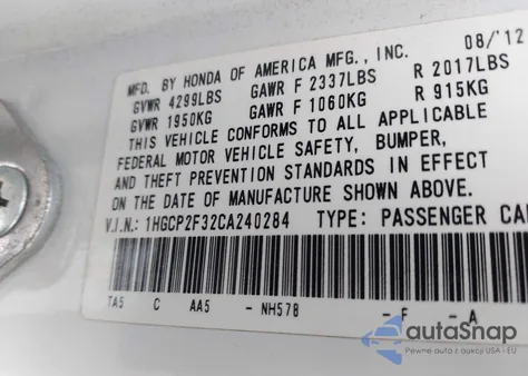 2012 Honda Accord 2.4 Lx from USA, damaged, VIN 1HGCP2F32CA240284